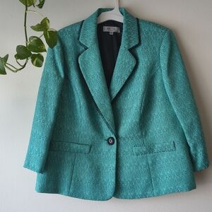 Kasper Separates Teal Tweed Blazer Jacket 14W 3/4 Sleeve Fringe Trim Textured